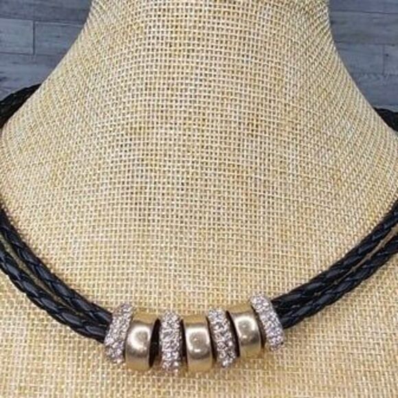 LYDELL NYC Leather Cord Necklace with Gold and Rhinestone Rings 18"L - Picture 3 of 5